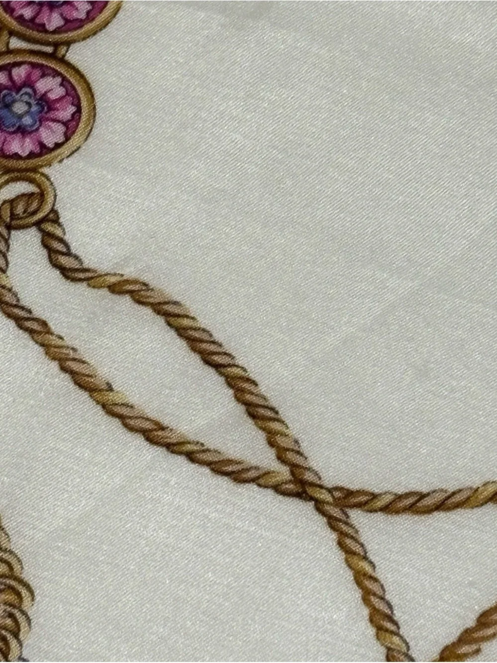 Celine Ivory Cotton 23 inch Scarf with Pink and Gold Medallion Motif Rope Tassel